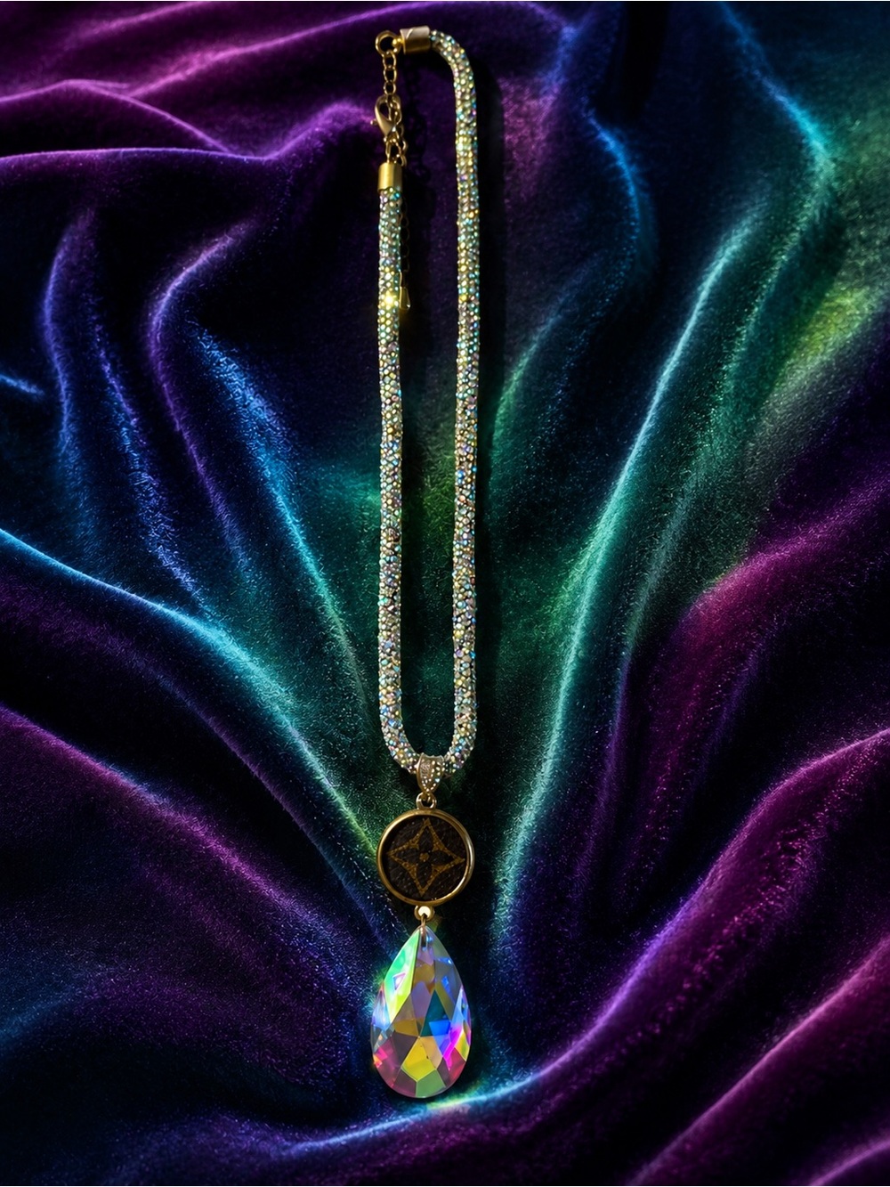 Crystal Pavé Necklace with Iridescent Teardrop Pendant and Matching Earrings